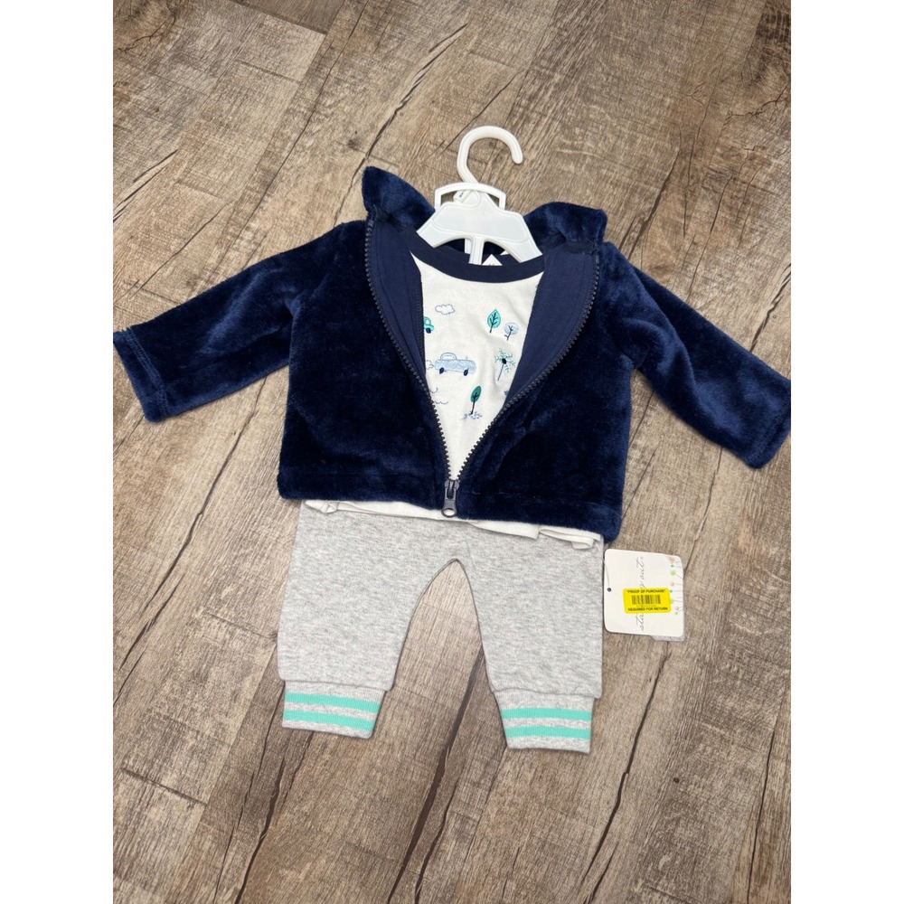 Starting Out Baby Boys 3-Piece Navy Plush Hoodie Tee and Joggers Set 0-3M